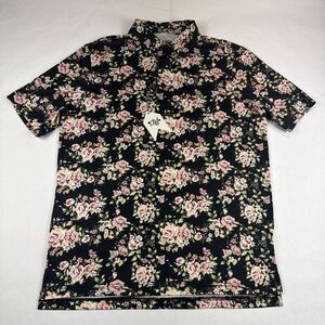 1764 Golf Polo Mens M Black Floral‎ Short Sleeve Shirt 1/4 Button Preppy Casual